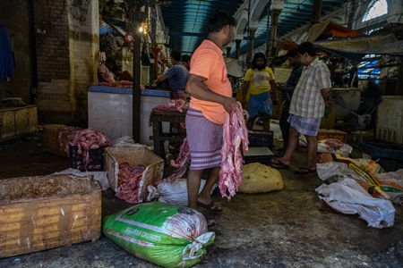 Worker handling pieces of meat at the meat market inside New Market, Kolkata, Inida, 2022