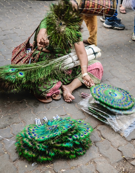 Women selling green peacock feather fans on sale in street