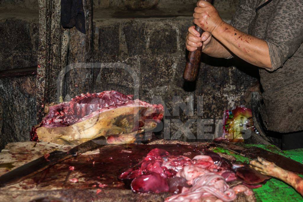 Dead dogs being cut up for meat at a dog market in Kohima in Nagaland, India, 2018