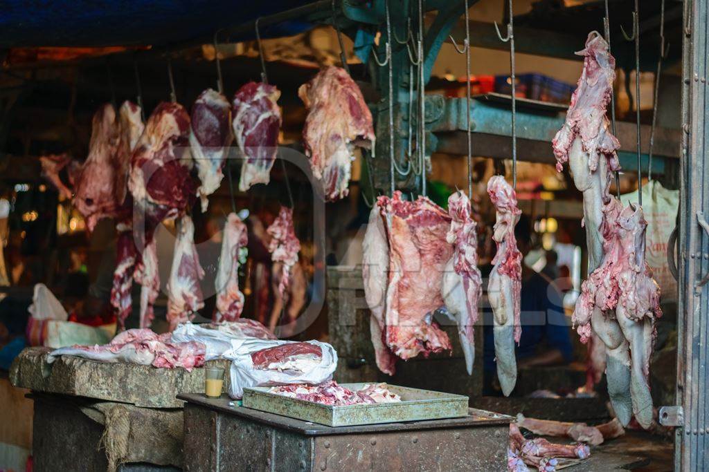 Pieces of meat hanging up from hooks at Crawford meat market in Mumbai