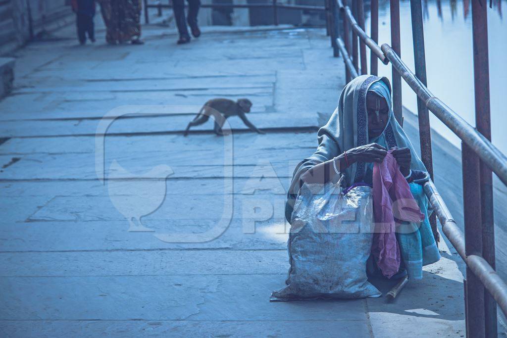 Woman and baby monkey on bridge