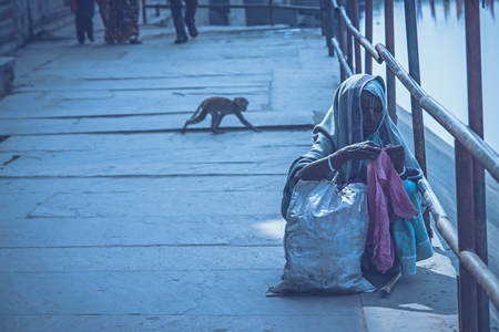 Woman and baby monkey on bridge