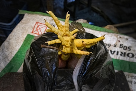 Bunch of chicken feet tied up at the chicken meat market inside New Market, Kolkata, India, 2022