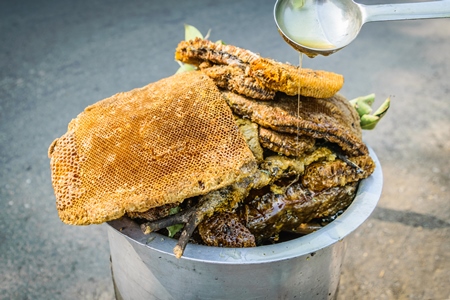 Pieces of yellow honeycomb with dead honey bees visible on sale on the side of the road