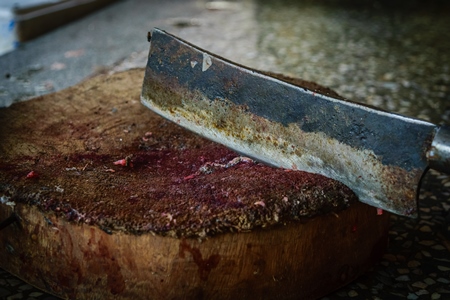 Fish chopping block with knife at the Mothers