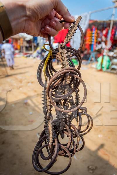 Illegal spiked bits for horses on sale at Pushkar camel fair in Rajasthan in India