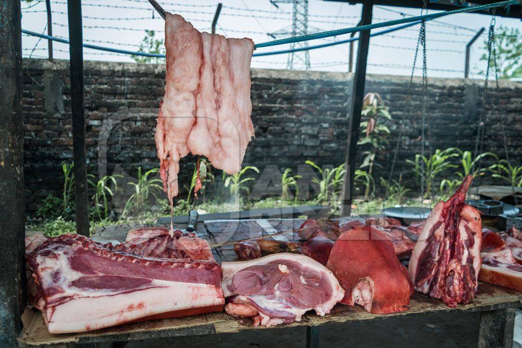 Pig meat on sale at an animal market in Dimapur in Nagaland