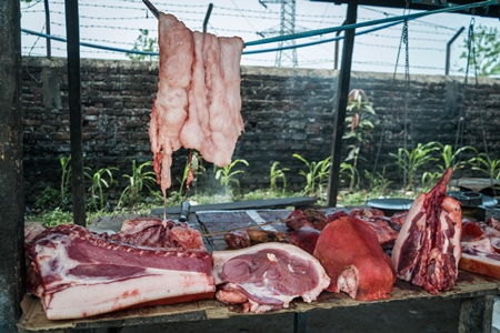 Pig meat on sale at an animal market in Dimapur in Nagaland