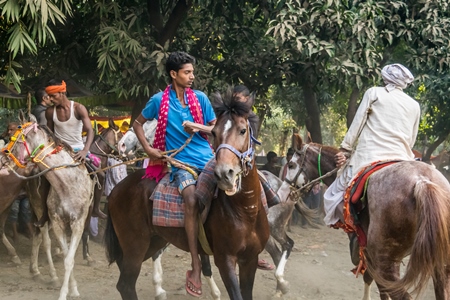 Horses in a horse race at Sonepur cattle fair with spectators watching
