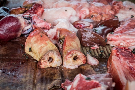 Pig meat on sale at an animal market in Dimapur in Nagaland