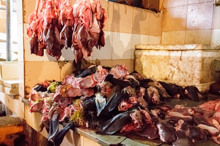 Goat meat hanging up at mutton shops in Crawford meat market, Mumbai, India, 2016