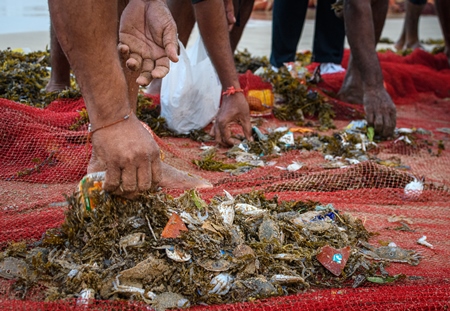 Indian fishing nets with crabs, small fish and plastic pollution trapped in net, on beach in Maharashtra, India, 2022