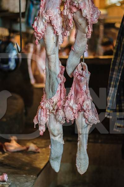 Pieces of meat hanging up from hooks at Crawford meat market in Mumbai