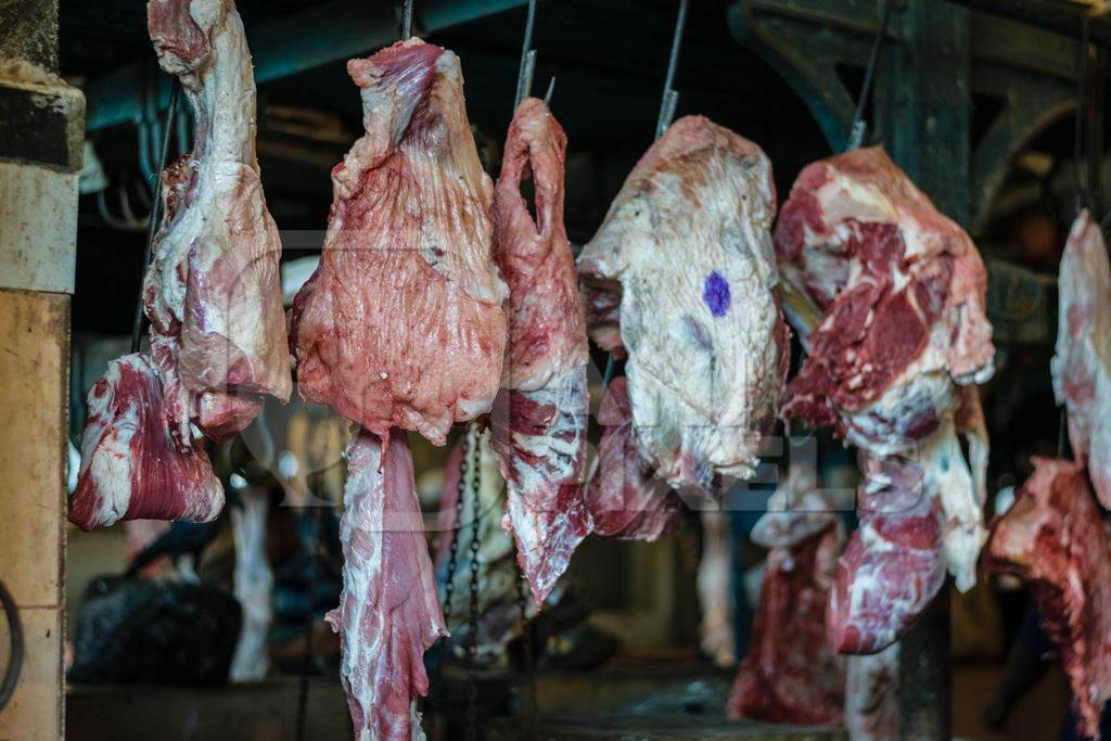 Pieces of buffalo meat hanging on hooks inside Crawford meat market in Mumbai, India, 2016