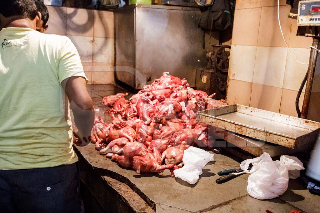 Indian broiler chickens being cut up at Crawford meat market in Mumbai in India, 2016