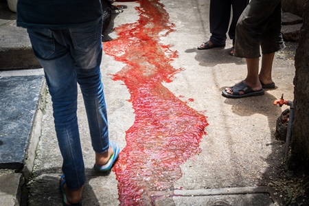 River of blood in street from religious slaughter at Eid