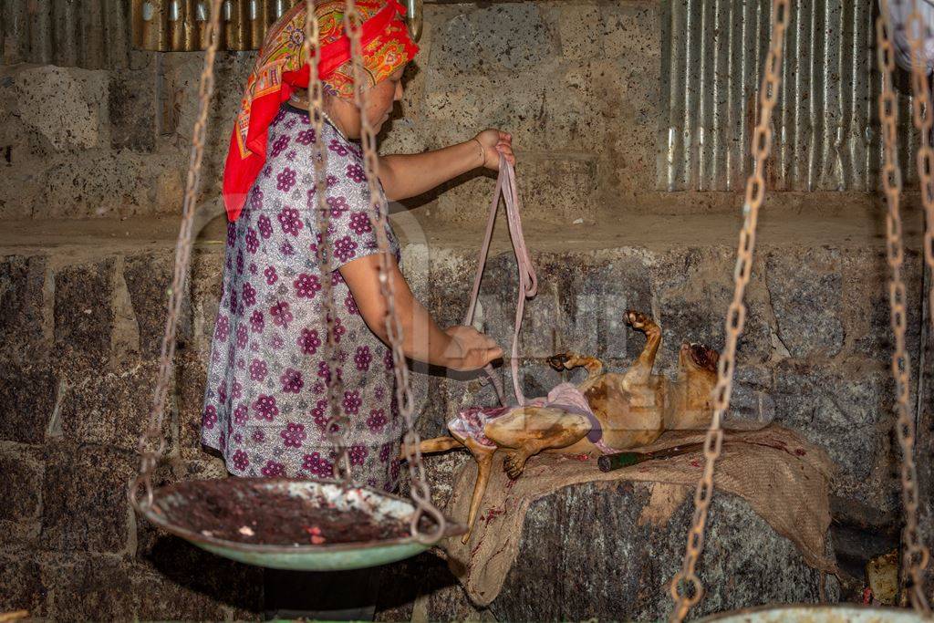 Body of a dead Indian dog slaughtered for meat at a dog meat market in Kohima, Nagaland, in the Northeast of India, 2018