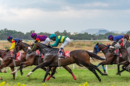 Indian horses and jockeys racing in horse race at Pune racecourse, Maharashtra, India, 2021