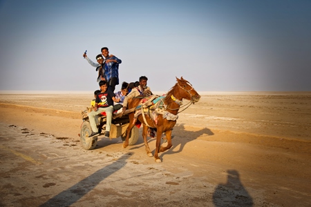 Horse pulling cart loaded with men and boys on desert sand in Gujurat