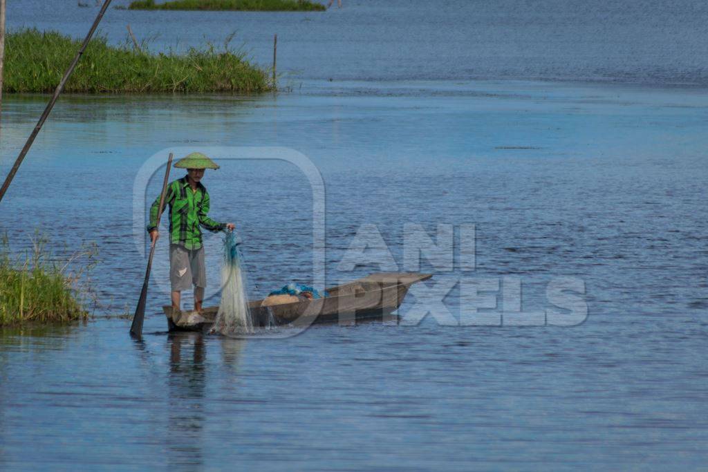 Fisherman fishing from a boat with a net on Loktak Lake