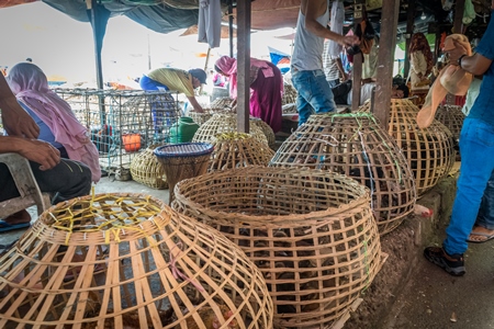 Chickens on sale in bamboo baskets at an animal market