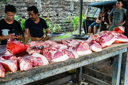 Pig meat on sale at an animal market in Dimapur in Nagaland