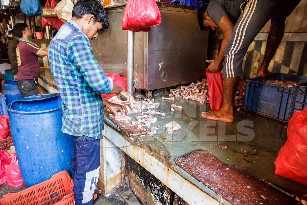 Indian broiler chickens being processed at Crawford meat market in Mumbai in India, 2016
