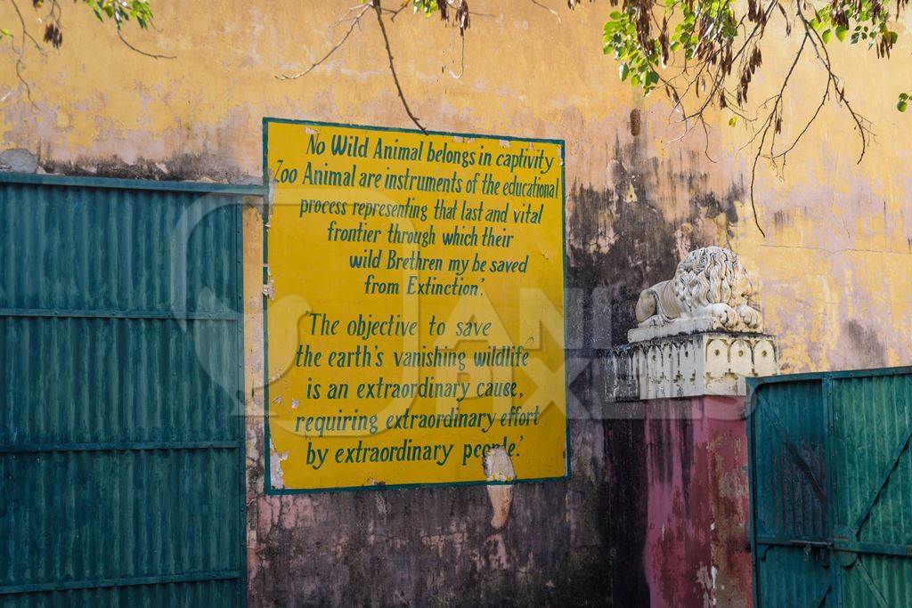 Sign at Jaipur zoo stating "No wild animal belongs in captivity", Jaipur, Rajasthan, India, 2022