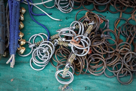 Horse bits including spiked or thorn bits at Nagaur Cattle Fair, Nagaur, Rajasthan, India, 2022