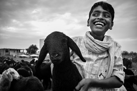 Boy smiling or laughing with goat in black and white