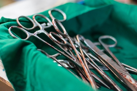 Tray of surgical instruments for street dog sterilisation surgery operation