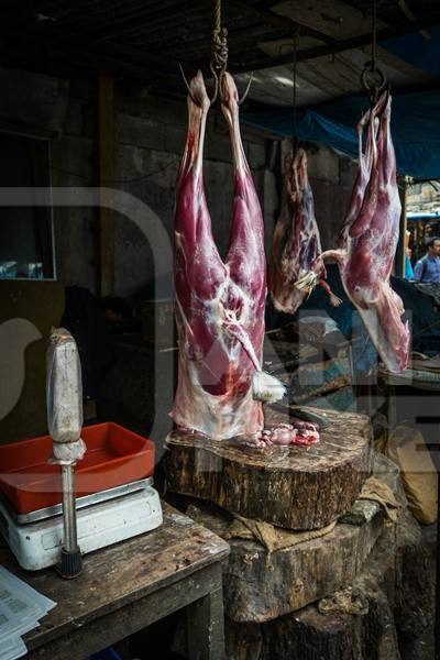 Goat meat hanging up on a hook at a mutton shop in Munnar in Kerala, India, 2018